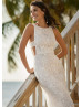 Beaded Ivory Lace Buttons Back Beach Wedding Dress